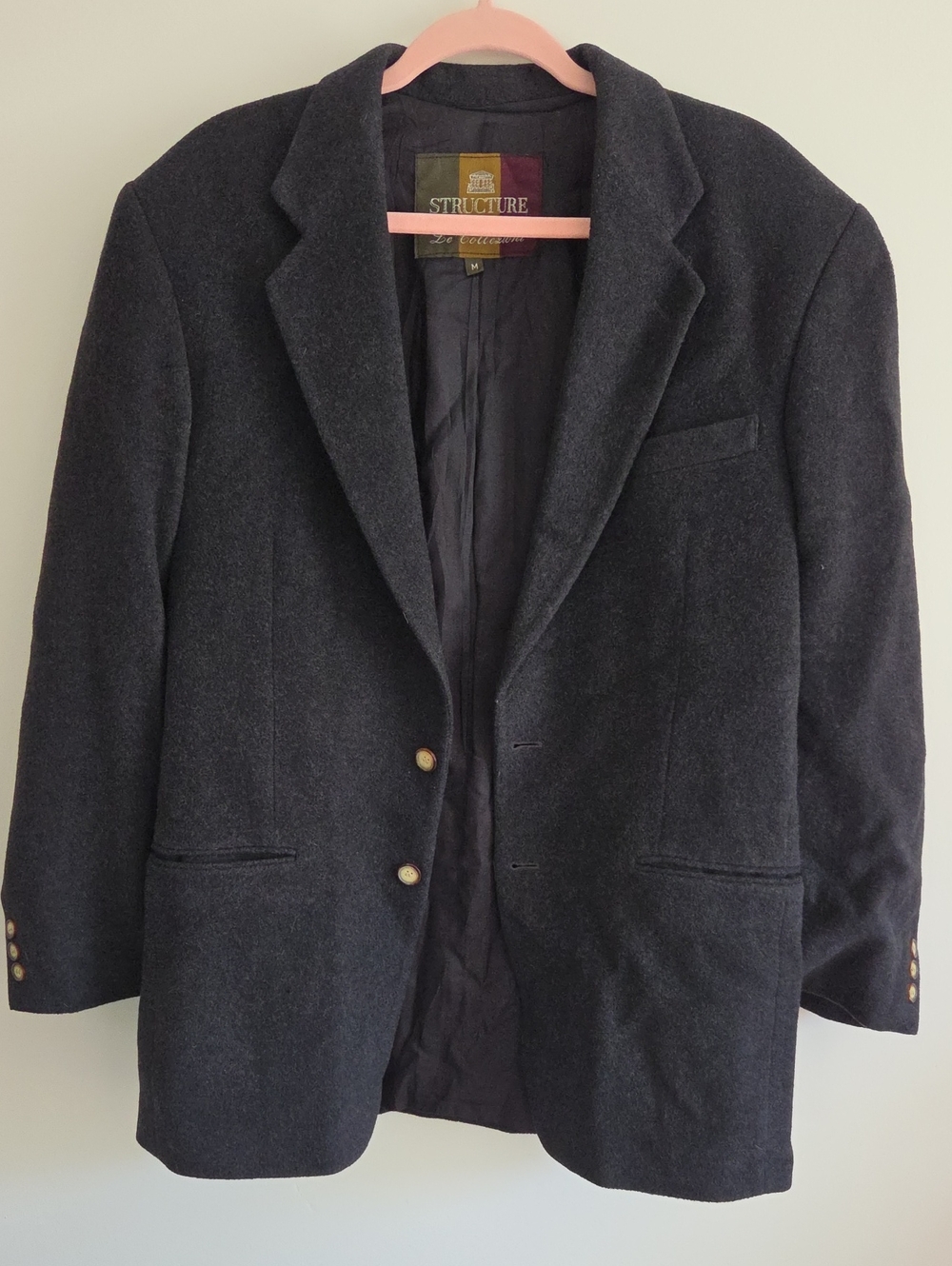 Vintage 90s Structure Italian Fabric Wool Cashmere Charcoal Blazer M